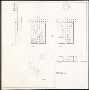 Architektur-Archiv, Karl Friedrich Schinkel gewidmet, Wohnbebauung in Beziehung zu Spree und Schloss Charlottenburg, Berlin Schinkelwettbewerb 1981: Grundriss Erdgeschoss, 1.Obergeschoss, Schnitte, Isometrie 1:200