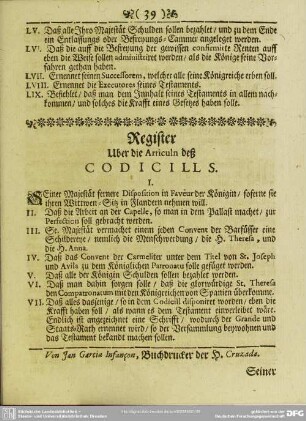 Register Uber die Articuln deß Codicills