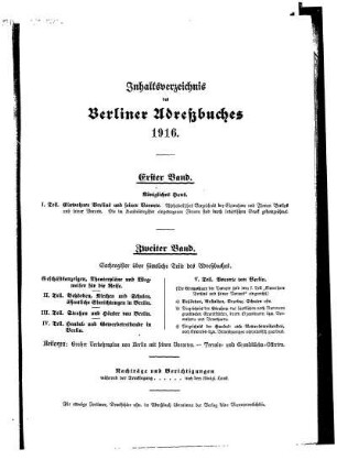 Inhaltsverzeichnis des Berliner Adreßbuches 1916