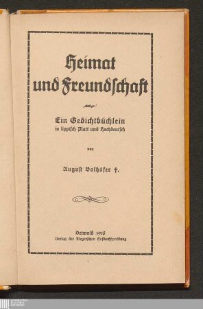 Heimat und Freundschaft : ein Gedichtbüchlein in lippisch Platt und Hochdeutsch