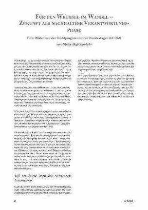Für den Wechsel im Wandel - Zukunft als nachhaltige Verantwortungsphase : eine Blütenlese der Wahlprogramme zur Bundestagswahl 1998