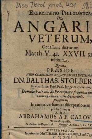 Exercitatio Philologica, De Angariis Veterum : Occasione dictorum Matth. V. 41. XXVII. 32. instituta