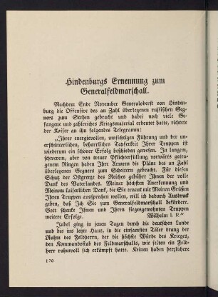 170-183, Hindenburgs Ernennung zum Generalfeldmarschall. - Große Traditionen