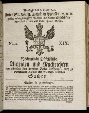 Num. XIX. Montags den 6. Maji 1748.