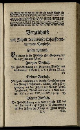 Verzeichniß und Inhalt der in dieser Schrifft enthaltenen Versuche.