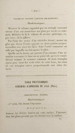 École polytechnique concours d´admission en 1855. (Paris)