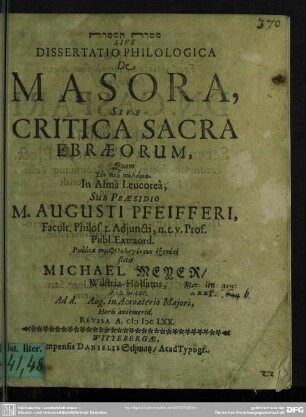Dissertatio philologica De Masora, sive critica sacra Ebraeorum