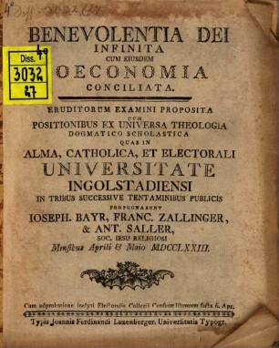 Benevolentia Dei Infinita Cum Eiusdem Oeconomia Conciliata