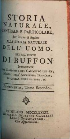 Storia Naturale Generale E Particolare : Per servire di seguito Alla Storia Naturale Dell'Uomo, 2 = Suppl.