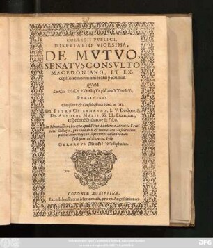 Collegii Publici, Disputatio Vicesima, De Mutuo, Senatusconsulto Macedoniano, Et Exceptione non numeratae pecuniae