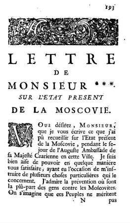 Lettre De Monsieur *** Sur L'Etat Present De La Moscovie.
