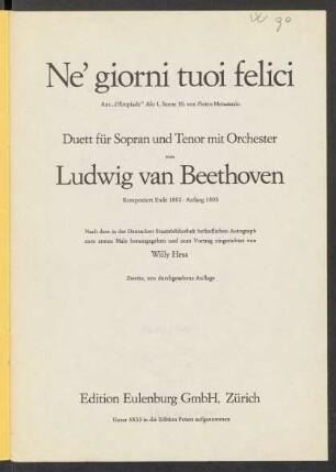 Ne' giorni tuoi felici : aus "Olimpiade" Akt 1, Szene 10, von Pietro Metastasio : Duett für Sopran und Tenor mit Orchester