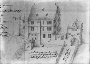 Marburg, Barfüßer Tor mit Haus Barfüßerstraße 2 vor der Sprengung 1647