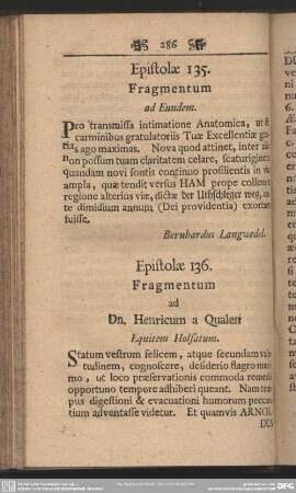 Epistolae 136. Fragmentum ad Dn. Henricum a Qualen Equitem Holsatum