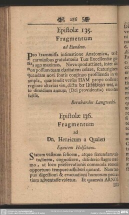 Epistolae 136. Fragmentum ad Dn. Henricum a Qualen Equitem Holsatum