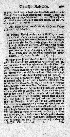 Viertes Sendschreiben eines Gottesgelehrten am Tauberflusse an seinen Freund (...) über die Frage: ob die zeitherige Einwürfe gegen die exorcistische Handlungen des Hrn. Gaßners einen zureichenden Grund darbieten, rechtgläubige Christen von der Anwendung seines Lehrsystems an ihnen selbst und andern Hülfebedürftigen abzuhalten.