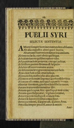 Publii Syri Selectae Sententiae.