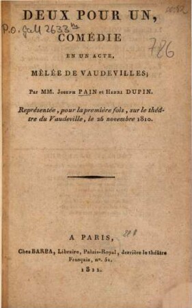 Deux pour un : Comédie en un acte mêlée de vaudevilles