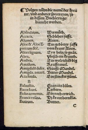 Volgen nuhn die namen der kreüter/ und anderer specereyen ...