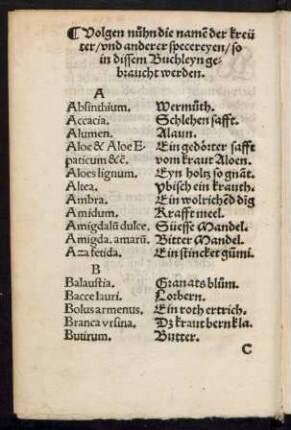Volgen nuhn die namen der kreüter/ und anderer specereyen ...