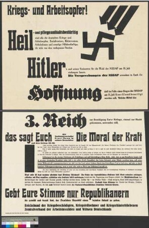 Wahlplakat des Reichsbundes der Kriegsbeschädigten und Kriegsteilnehmer zur Reichstagswahl am 31. Juli 1932 mit Wahlaufruf zur Stimmangabe für die SPD