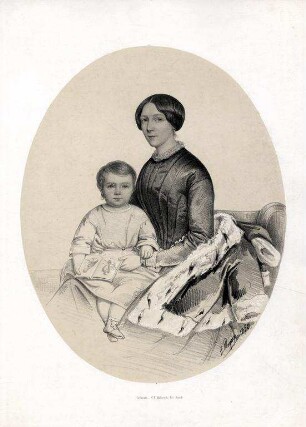 Unbekannte Dame mit auf dem Schoß sitzenden Kind