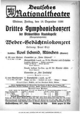 Drittes Symphoniekonzert [...] Weber-Gedächtniskonzert