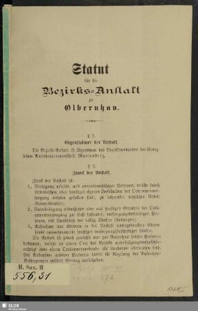 [Hauptband]: Statut für die Bezirks-Anstalt zu Olbernhau