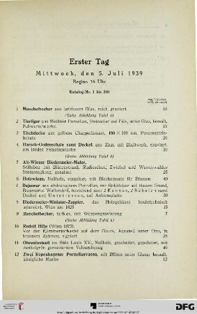 Erster Tag: Mittwoch, den 5. Juli 1939, Beginn 15 Uhr (Nr. 1-210)