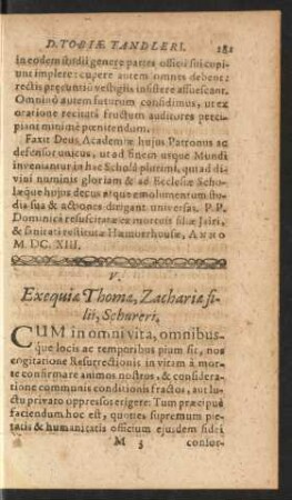 V. Exequiae Thomae Zachariae filii, Schureri.