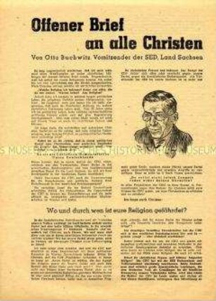 Flugblatt mit dem Text eines offenen Briefes von Otto Buchwitz an alle Christen über das Bündnis zwischen Christen und Marxisten