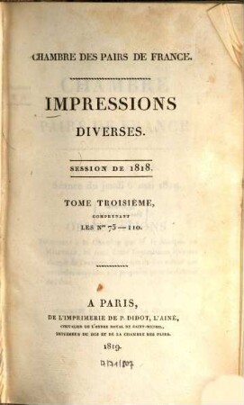 Impressions diverses : session ... 1818,3 (1819) = Nr. 75 - 110