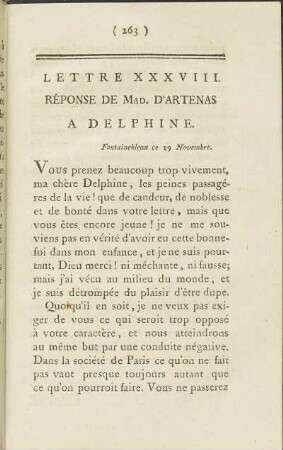 Lettre XXXVIII. Réponse de Mad. d' Artenas à Delphine, Fontainebleau ce 19 Novembre.