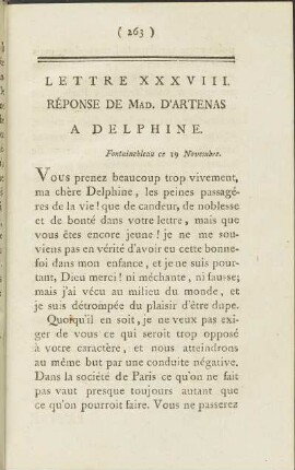 Lettre XXXVIII. Réponse de Mad. d' Artenas à Delphine, Fontainebleau ce 19 Novembre.