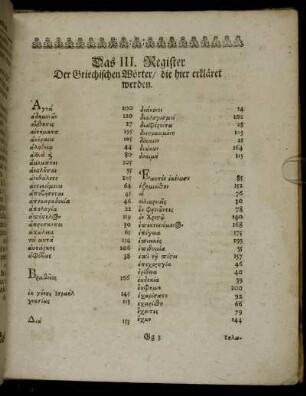 Das III. Register Der Griechischen Wörter, die hier erkläret werden