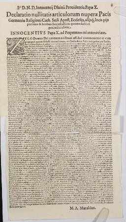 Declaratio nullitatis articulorum nuperae Pacis Germaniae Religioni Cath. Sedi Apost. Ecclesiis, aliisq[ue] locis piis personis & Iuribus Ecclesiasticis quomodo libet praeiudicialium