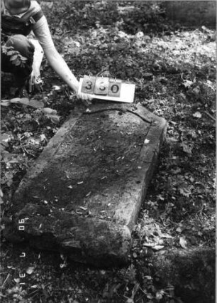 Grabstein 380 (Index: 99790796) Zustand: sehr stark verwittert Maße HxBxT: 109x59xo.A. cm: Grabstein 380