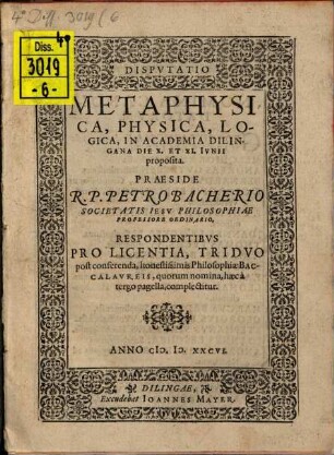 Disputatio metaphysica, physica, logica