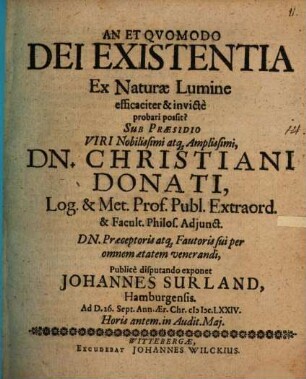 An et quomodo Dei existentia ex naturae lumine efficaciter et invicte probari possit?