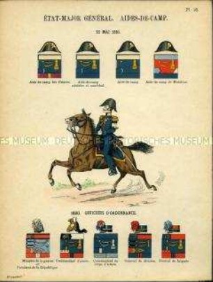 Uniformdarstellung, Adjutant 1816, Detailstudien von Hüten, Abzeichen und Schärpen verschiedener Adjutanten, Frankreich, 1816/1880.