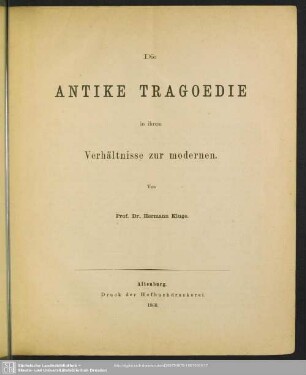 Die antike Tragödie in ihrem Verhältnisse zur modernen
