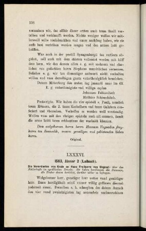 136-138, LXXXVI. 1563, Jänner 2 (Laibach)