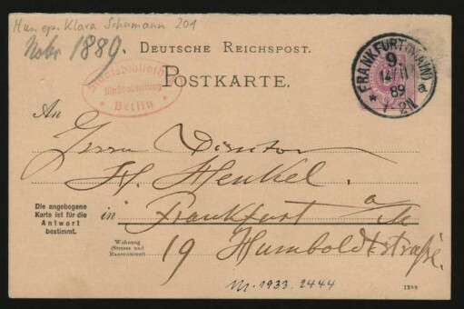 Postkarte an Heinrich Henkel : 14.11.1889