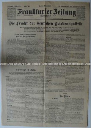 Tageszeitung "Frankfurter Zeitung" mit Leitartikel zum Ende der Rheinlandbesetzung durch alliierte Truppen