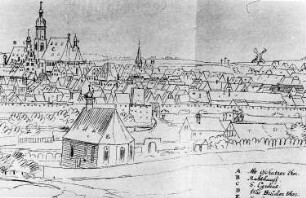 Oschatz. Stadtansicht, Ausschnitt, aus: Wilhelm Dilichs Federzeichnungen kursächs. und meißn. Ortschaften aus den Jahren 1626-1629