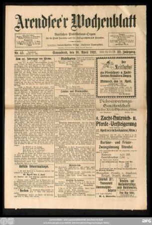 Arendsee'r Wochenblatt, Nr. 45. Sonnabend, den 16. April 1921.