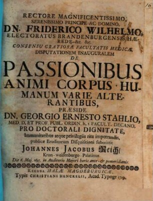 Diss. inaug. de passionibus animi corpus humanum varie alterantibus : die 6. Mai. 1695