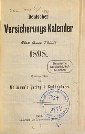 Deutscher Versicherungs-Kalender. 1898 (1897)