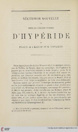 N.S. 12.1865: Récension nouvelle du texte de l'oraison funèbre d'Hypéride, [1] : et examen de l'édition de M. Comparetti