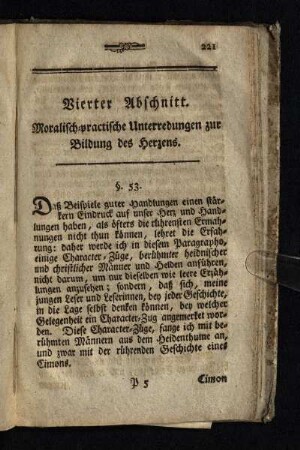 Vierter Abschnitt: Moralisch-practische Unterredungen zur Bildung des Herzens